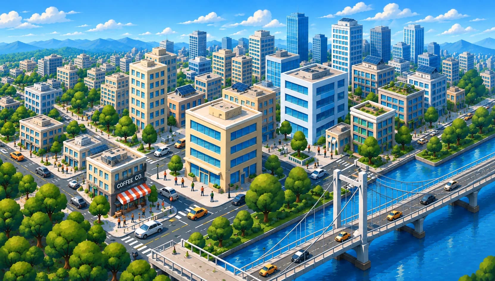 Illustrated city district — local shops, offices and a river bridge